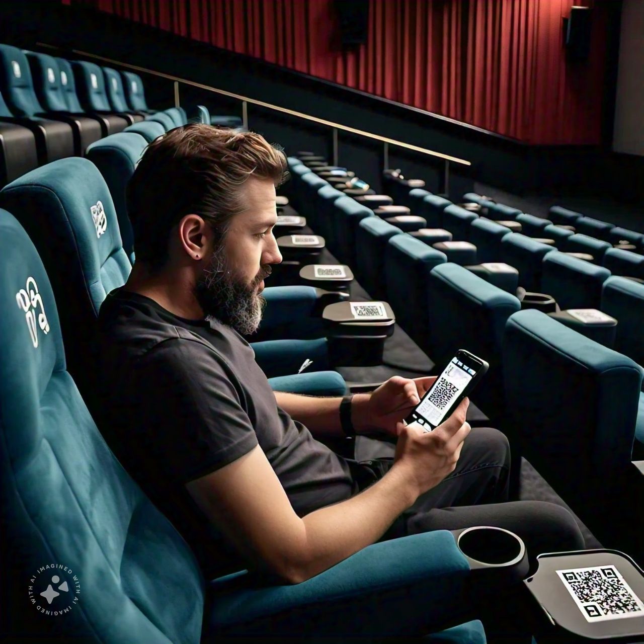 Person sitting in theatre and ordering through scan2Food